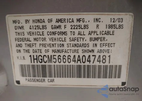 2004 Honda Accord 2.4 Ex z USA, uszkodzony, nr VIN 1HGCM56664A047481
